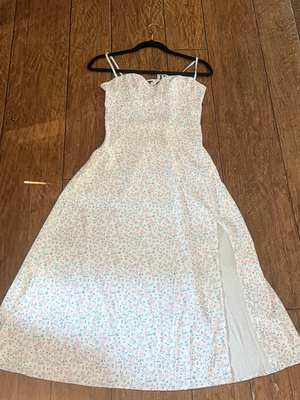 Floral Heart -Neck Spaghetti Strap Midi Dress in Light Blue And Pink Sz S N N/T